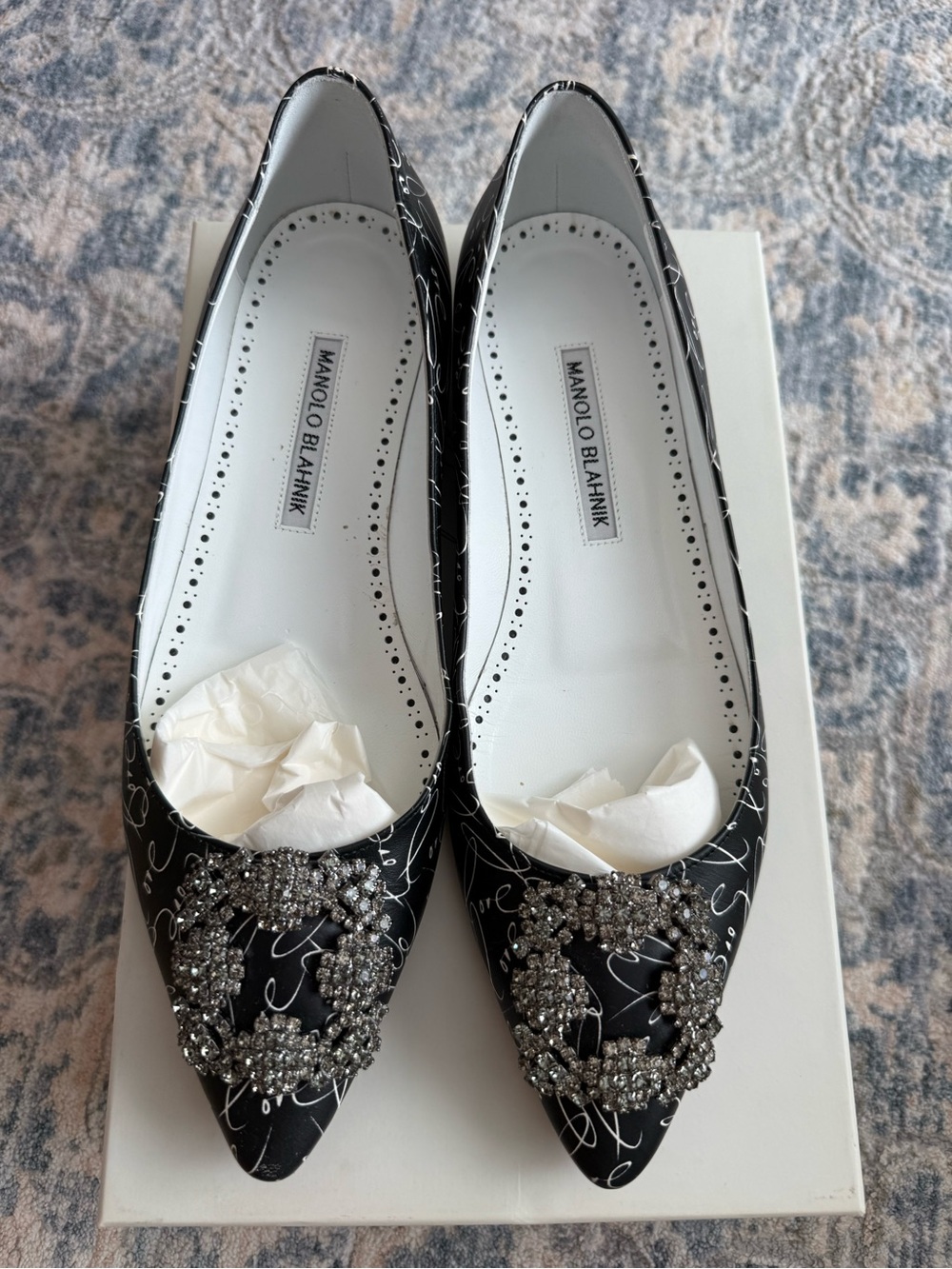 Manolo Blahnik Black Crystal-Embellished Pointed Flats